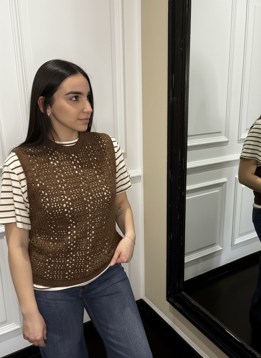 BREND ATELIER-Canotta traforata marrone